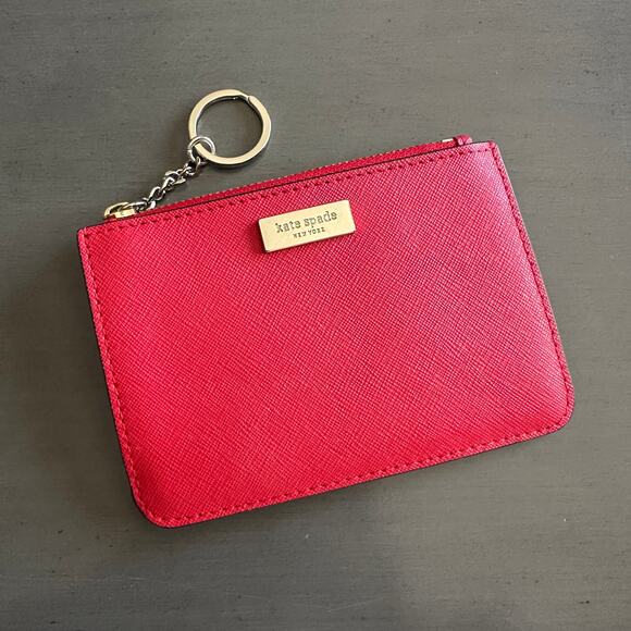 Kate Spade Bright Red Saffiano Leather Zip Top Card Holder Keychain Wallet - Picture 7 of 8
